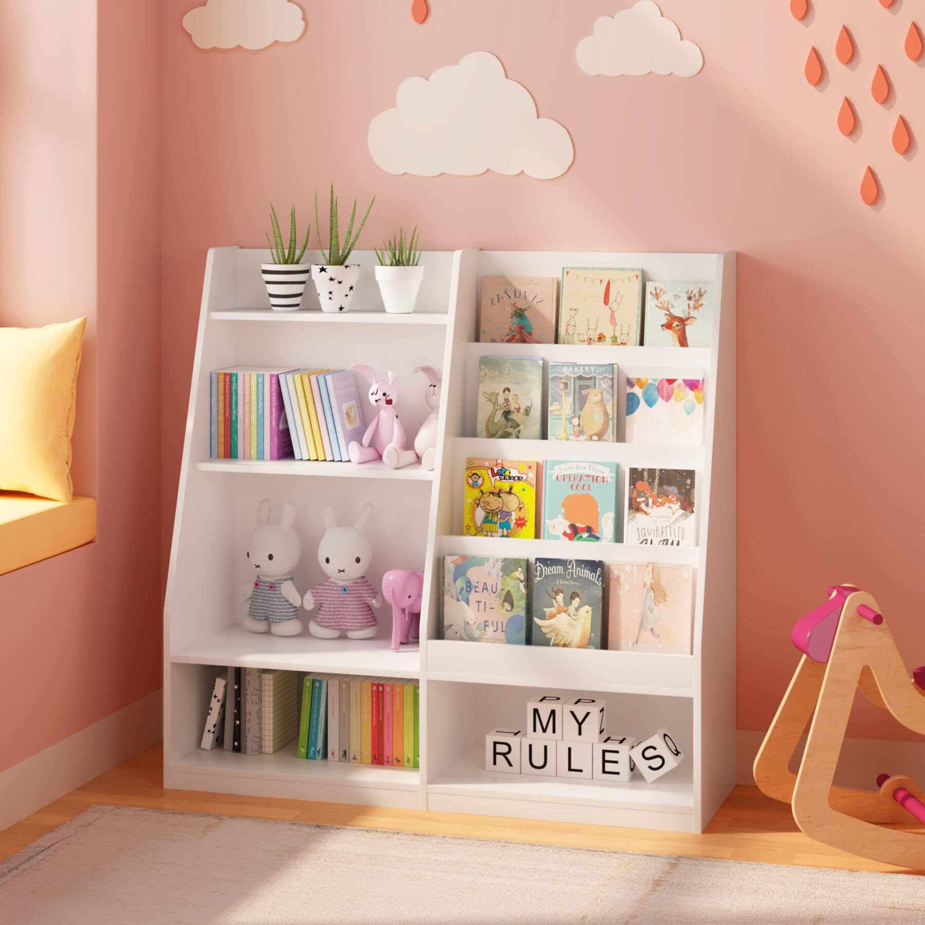MOONRIVER Kids Multifunctional 4 Tier Wooden Kids Book Shelf - White with books and toys against a pink wall with cloud decorations.
