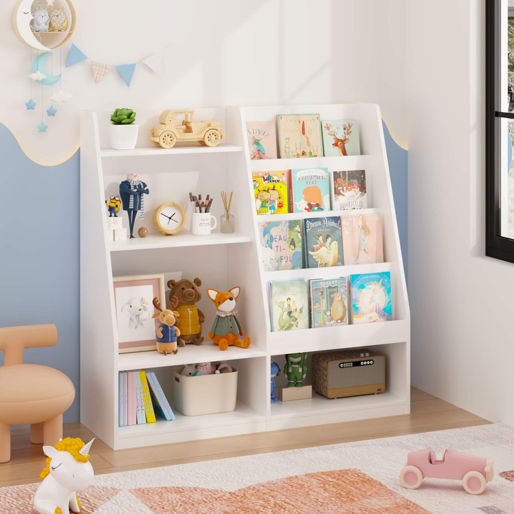 MOONRIVER Kids Multifunctional 4 Tier Wooden Kids Book Shelf - White with toys and books in a room setting
