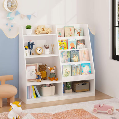 MOONRIVER Kids Multifunctional 4 Tier Wooden Kids Book Shelf - White with toys and books in a room setting
