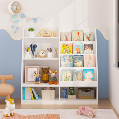 MOONRIVER Kids Multifunctional 4 Tier Wooden Kids Book Shelf - White with toys and books in a child's room