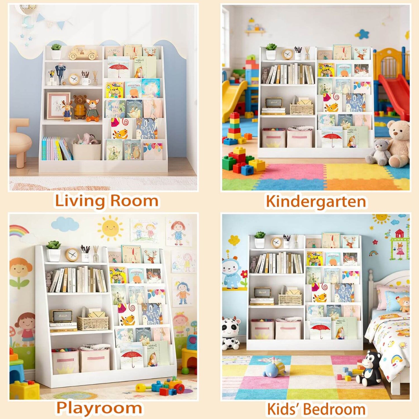 Collage of a white bookshelf in different settings: living room, kindergarten, playroom, and kids' bedroom.