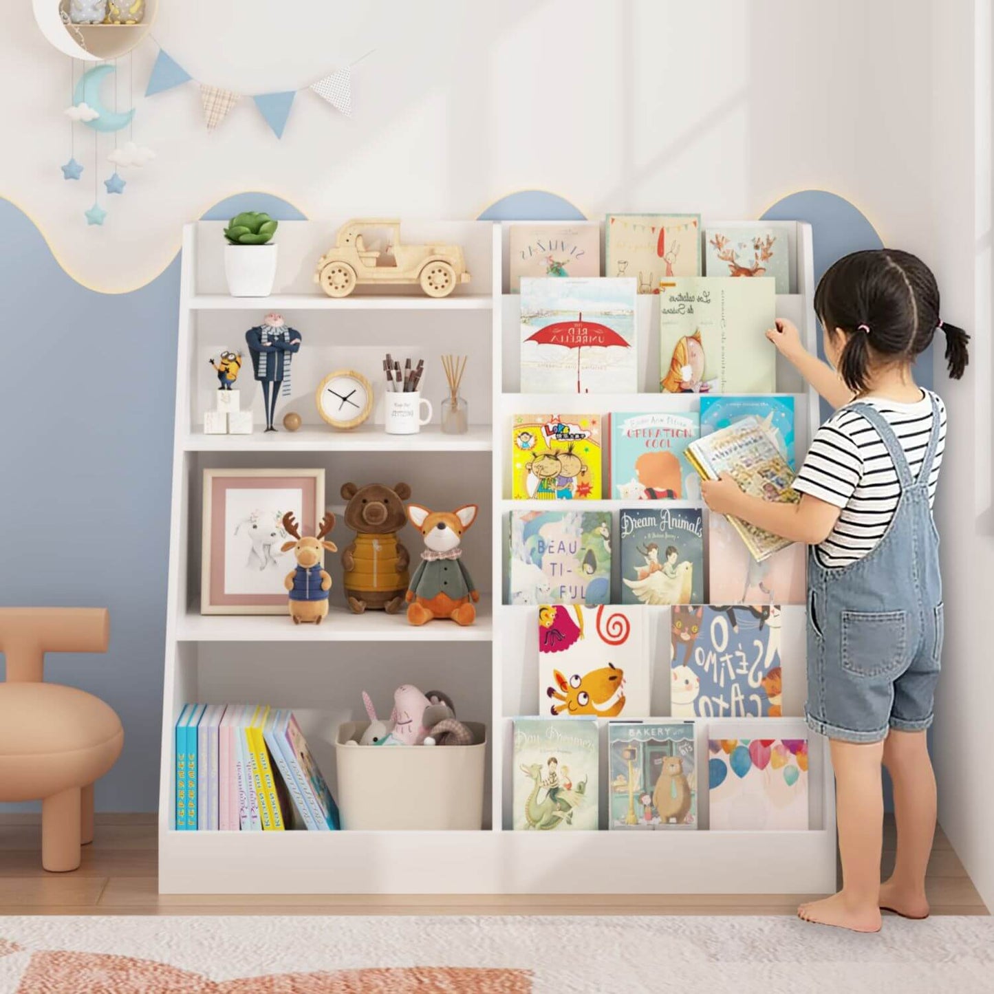 Child looking at books on a white bookshelf in a child-friendly room.