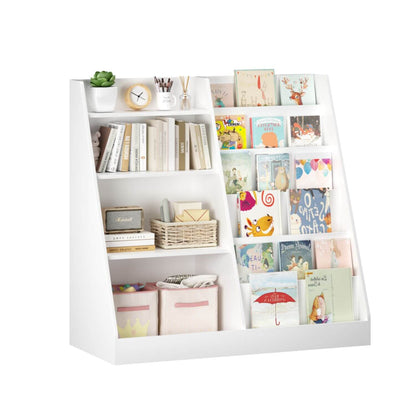 White bookshelf with books, decorative items, and children's books on a white background