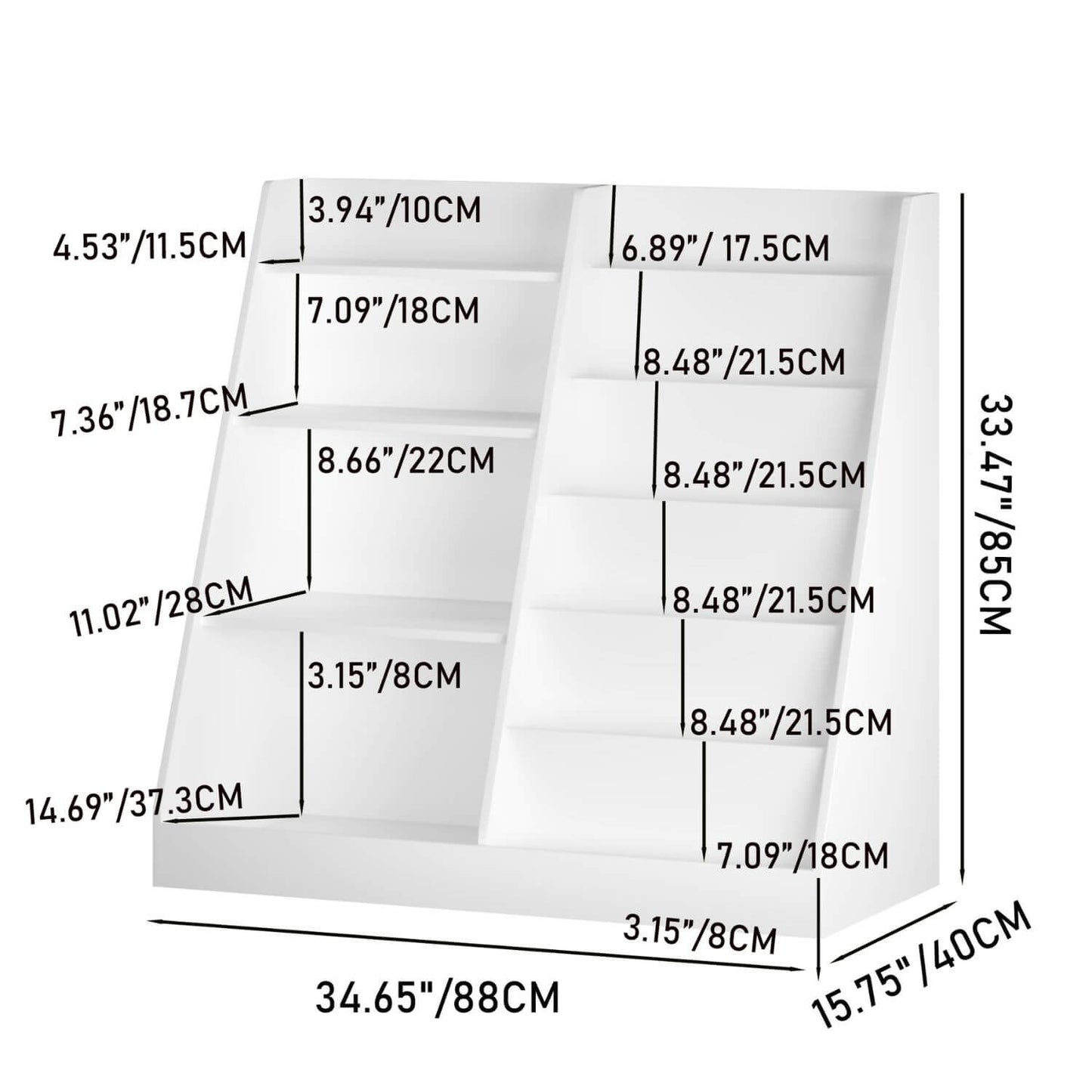 MOONRIVER Multifunctional 4 Tier Wooden Kids Book Shelf - White with dimensions labeled in both inches and centimeters.