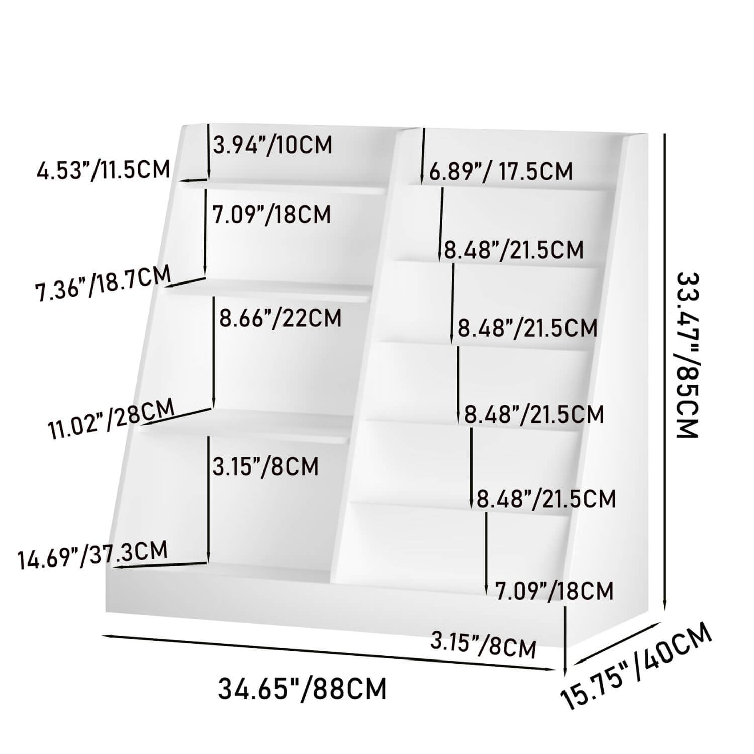 MOONRIVER Multifunctional 4 Tier Wooden Kids Book Shelf - White with dimensions labeled in both inches and centimeters.