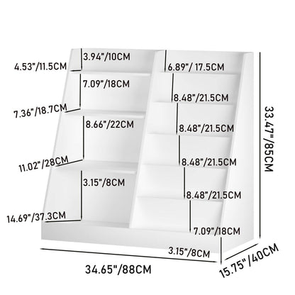 MOONRIVER Multifunctional 4 Tier Wooden Kids Book Shelf - White with dimensions labeled in both inches and centimeters.