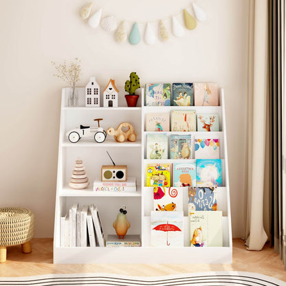White bookshelf with children's books and toys in a room with a light-colored wall and wooden floor.