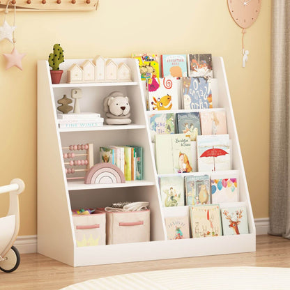White children's bookshelf with books and toys against a yellow wall.