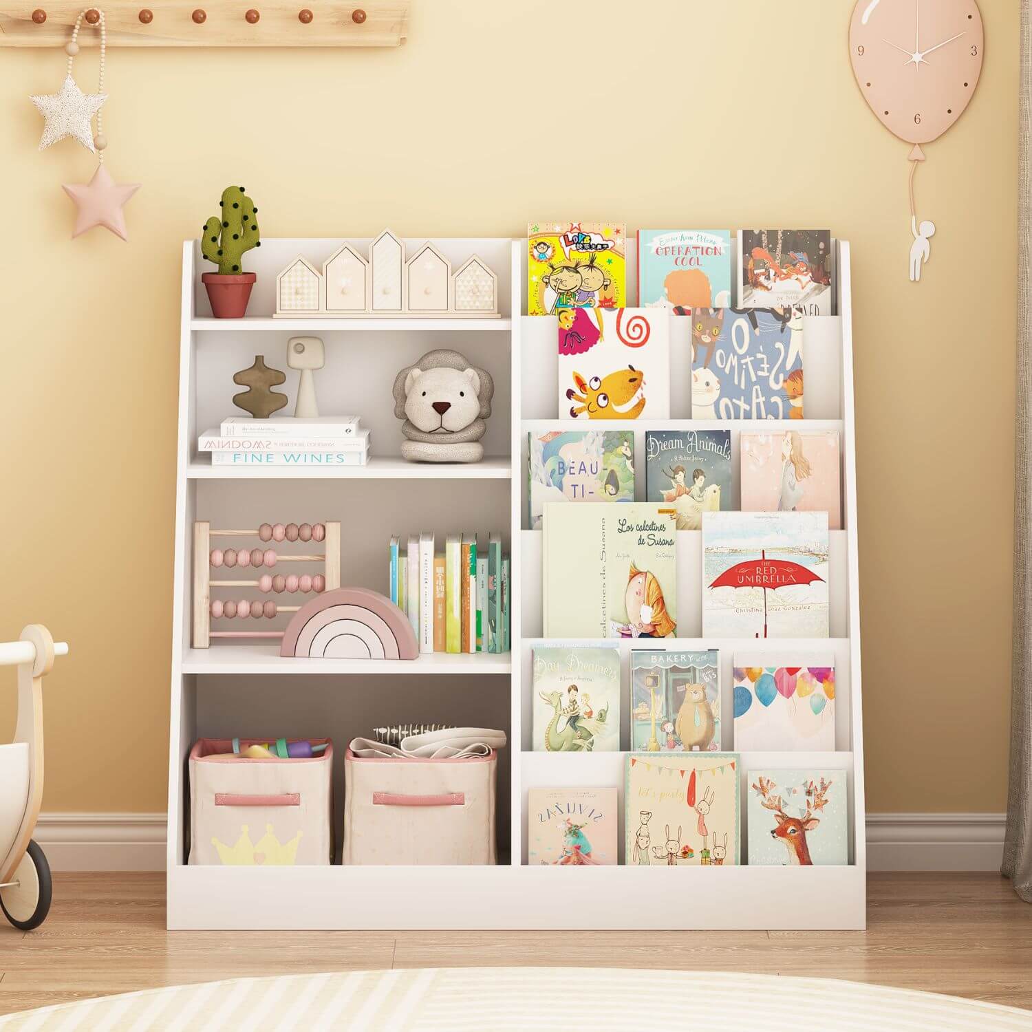 Children's bookshelf with books and toys in a room with a yellow wall and wooden floor.
