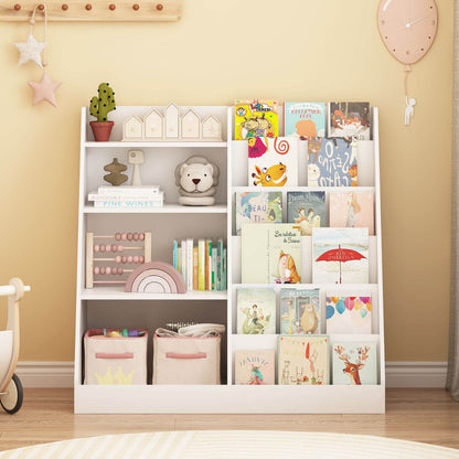 Children's bookshelf with books and toys in a room with a yellow wall and wooden floor.