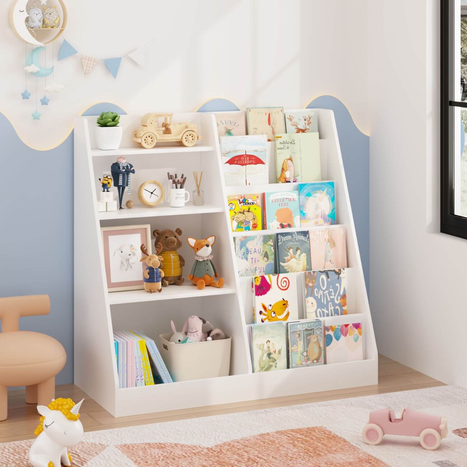 White children's bookshelf filled with books and toys in a room with a blue wall.