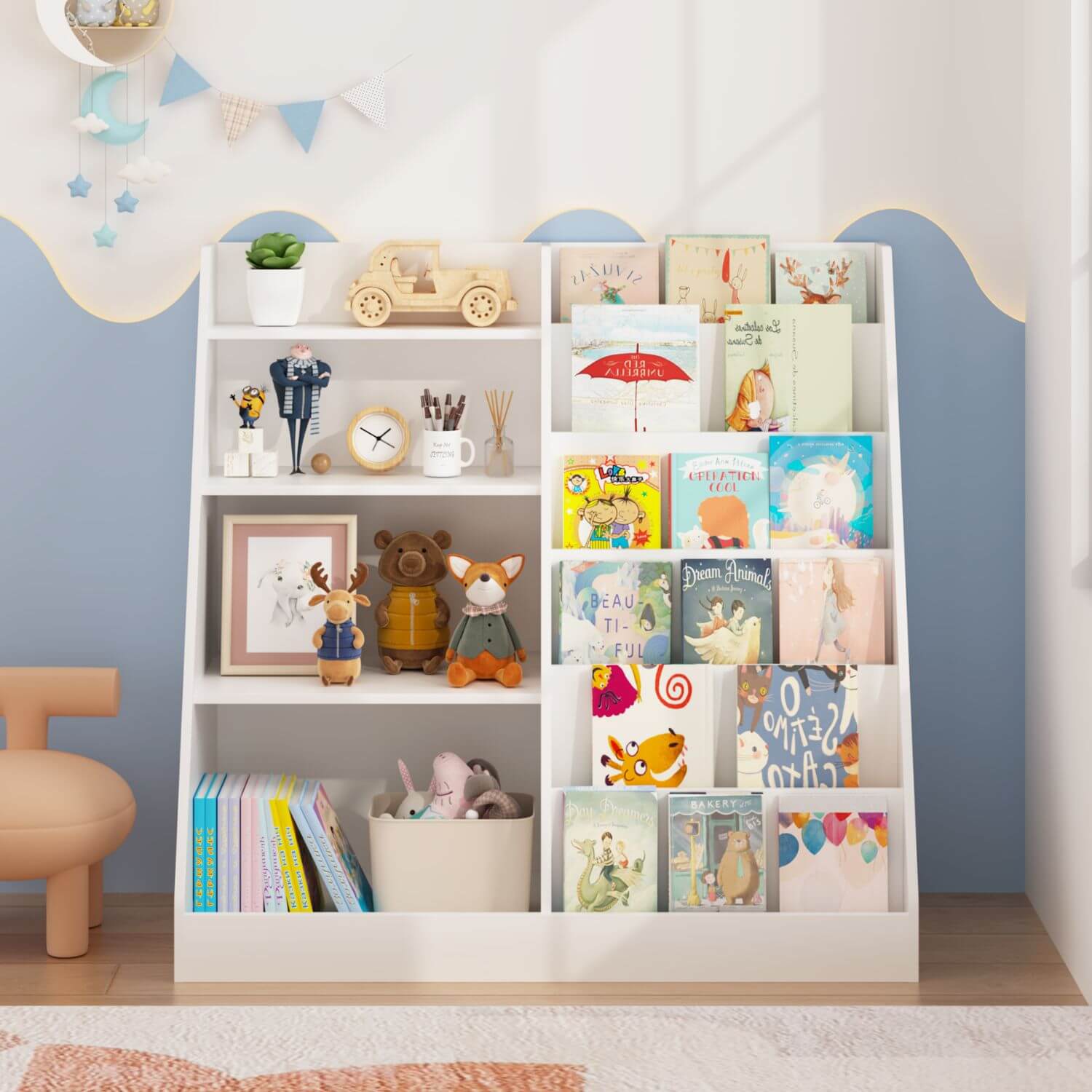 White bookshelf with children's books and toys in a room with a blue wall.