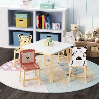 Children's playroom with MOONRIVER 5-Piece Kids Wood Table and Chair Set featuring animal faces, books, and toys.