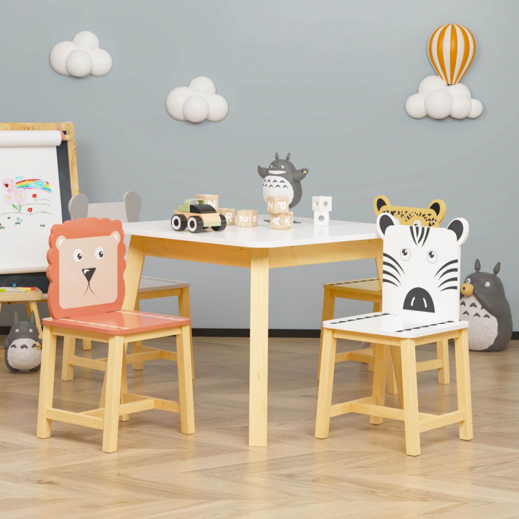 Children's playroom with MOONRIVER 5-Piece Kids Wood Table and Chair Set shaped like animals on a light blue wall.