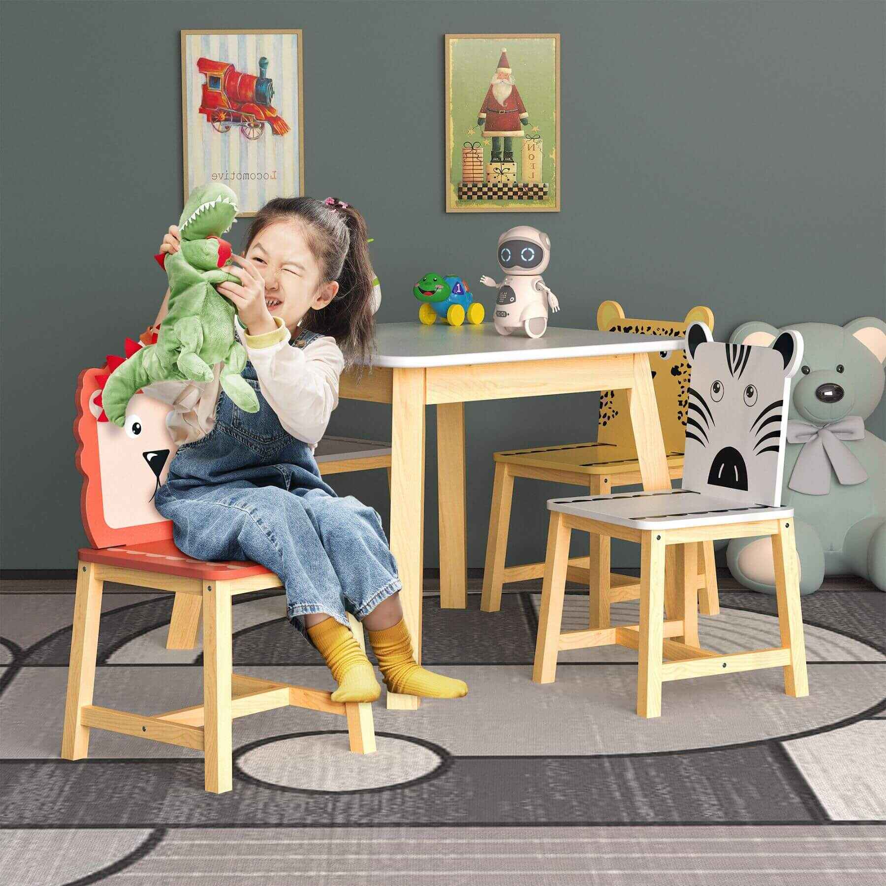 Child playing with toys in a room with wooden furniture and colorful decorations.
