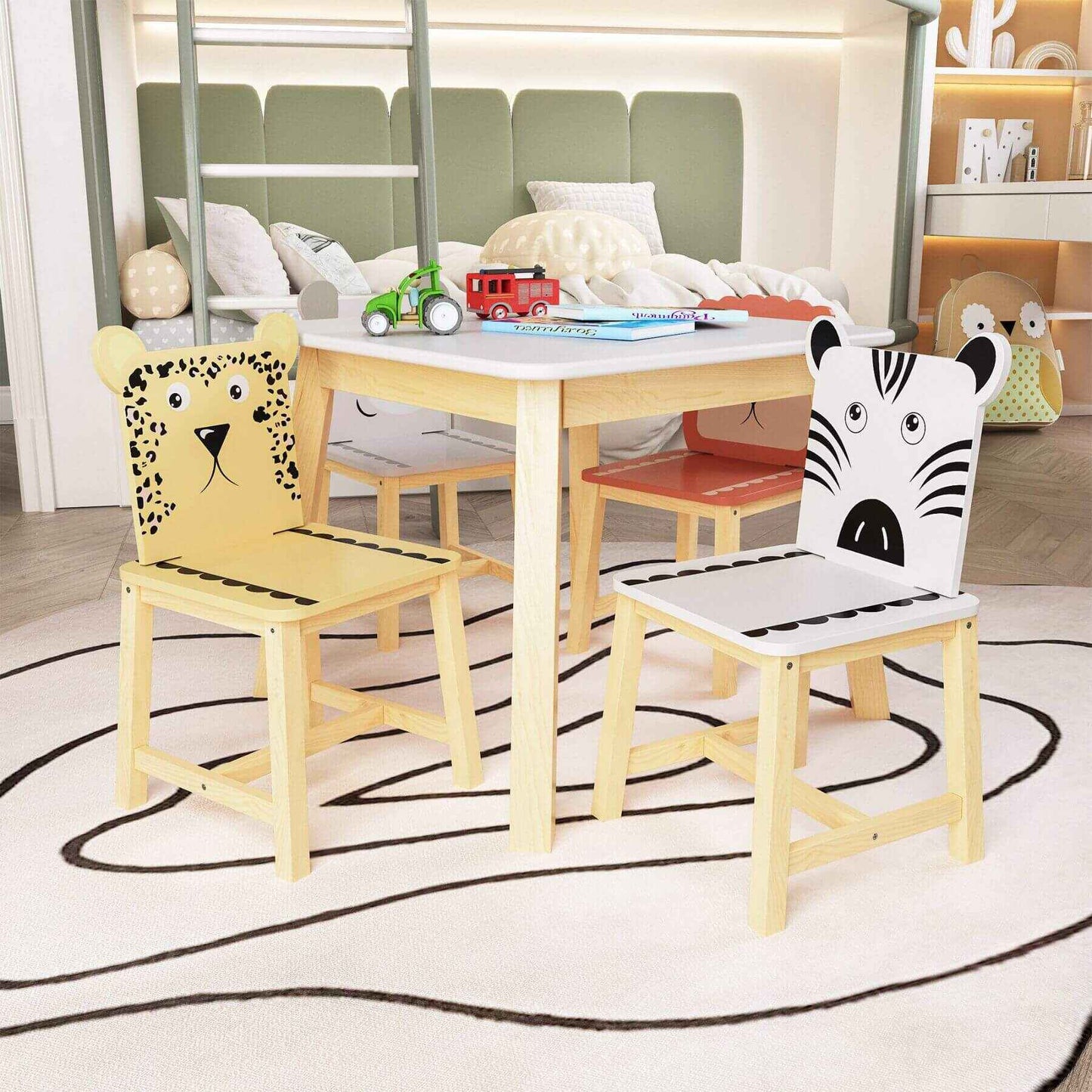 MOONRIVER 5-Piece Kids Wood Table and Chair Set with animal designs in a room setting.