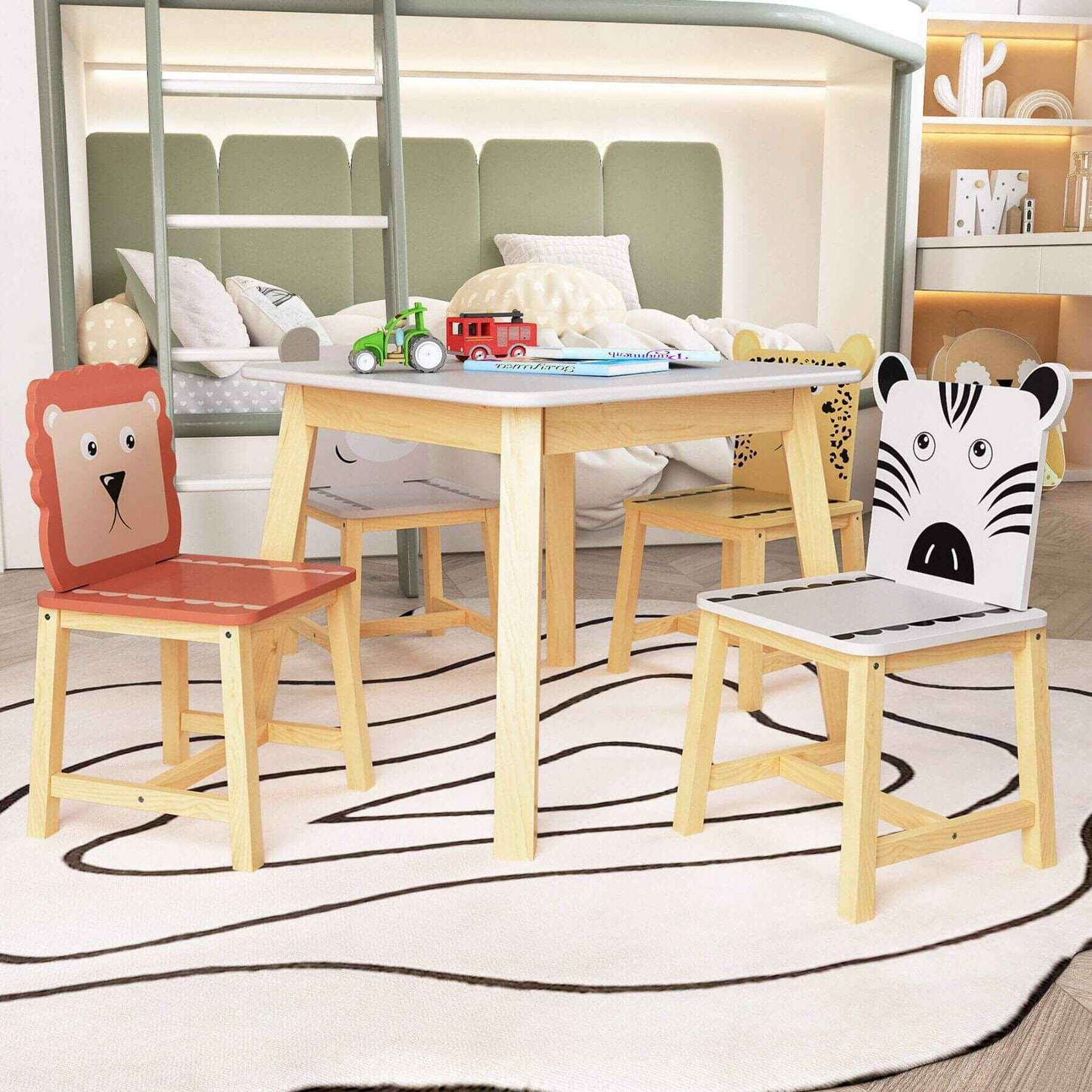 MOONRIVER 5-Piece Kids Wood Table and Chair Set with animal-themed backrests in a room setting.