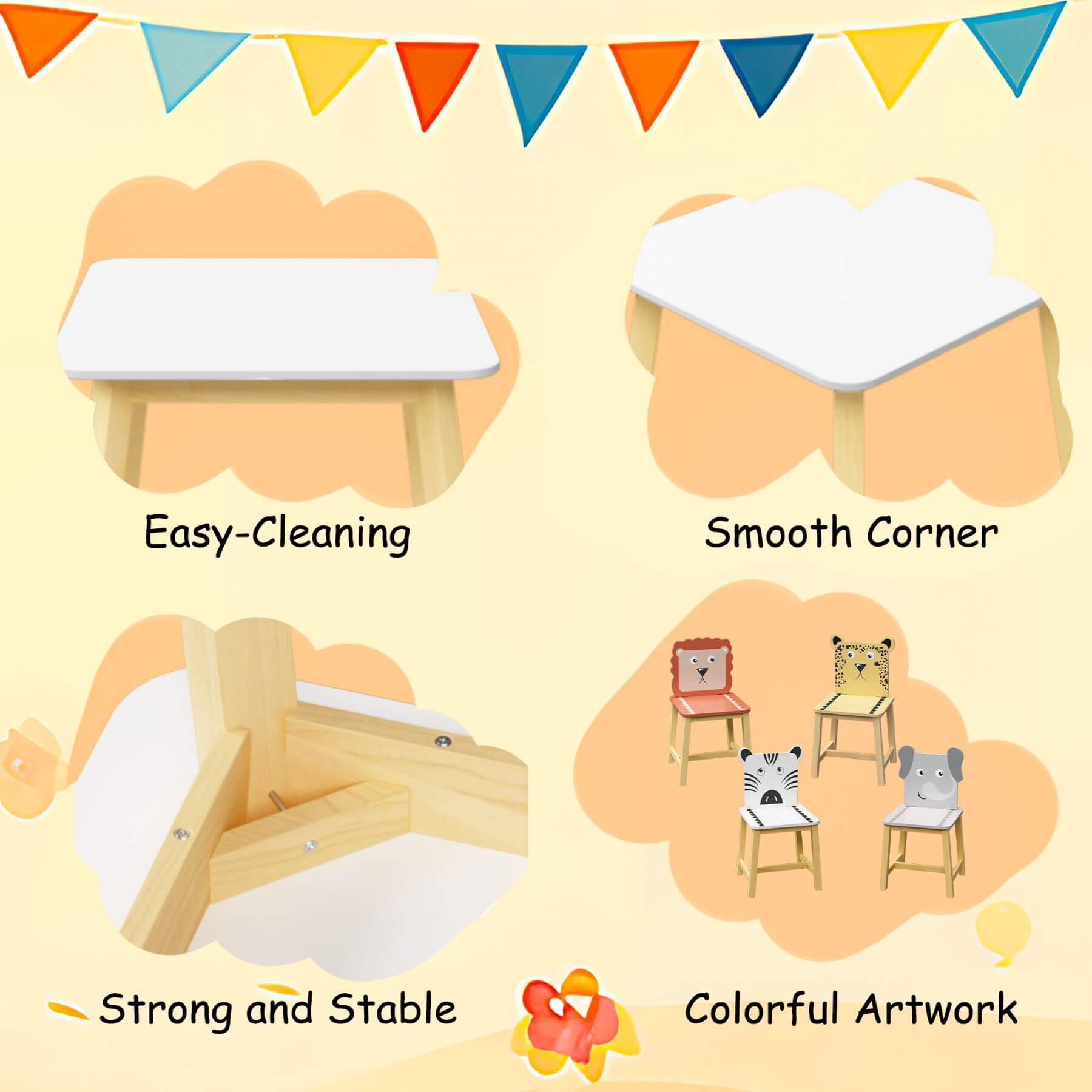 Children's furniture with features highlighted on a yellow background