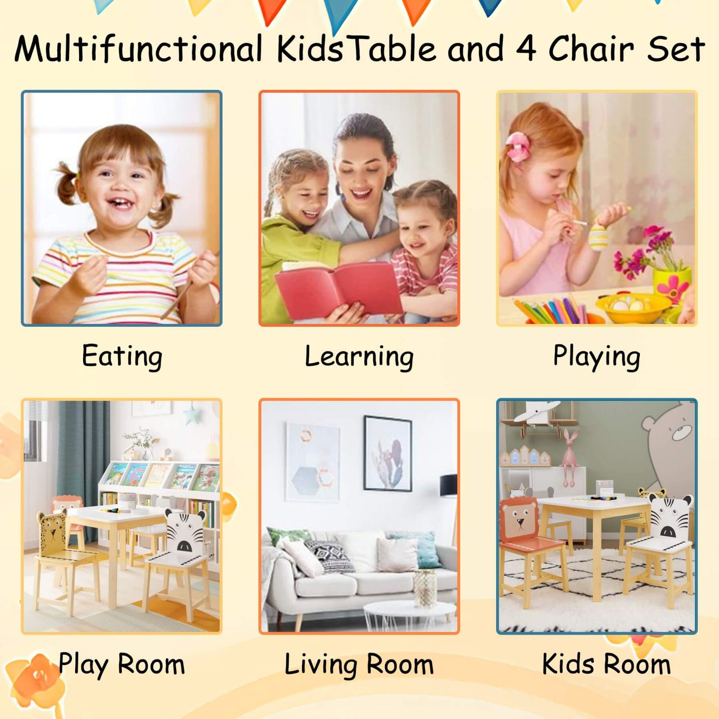 Multifunctional kids' table and chair set with various uses including eating, learning, playing, and in different rooms.