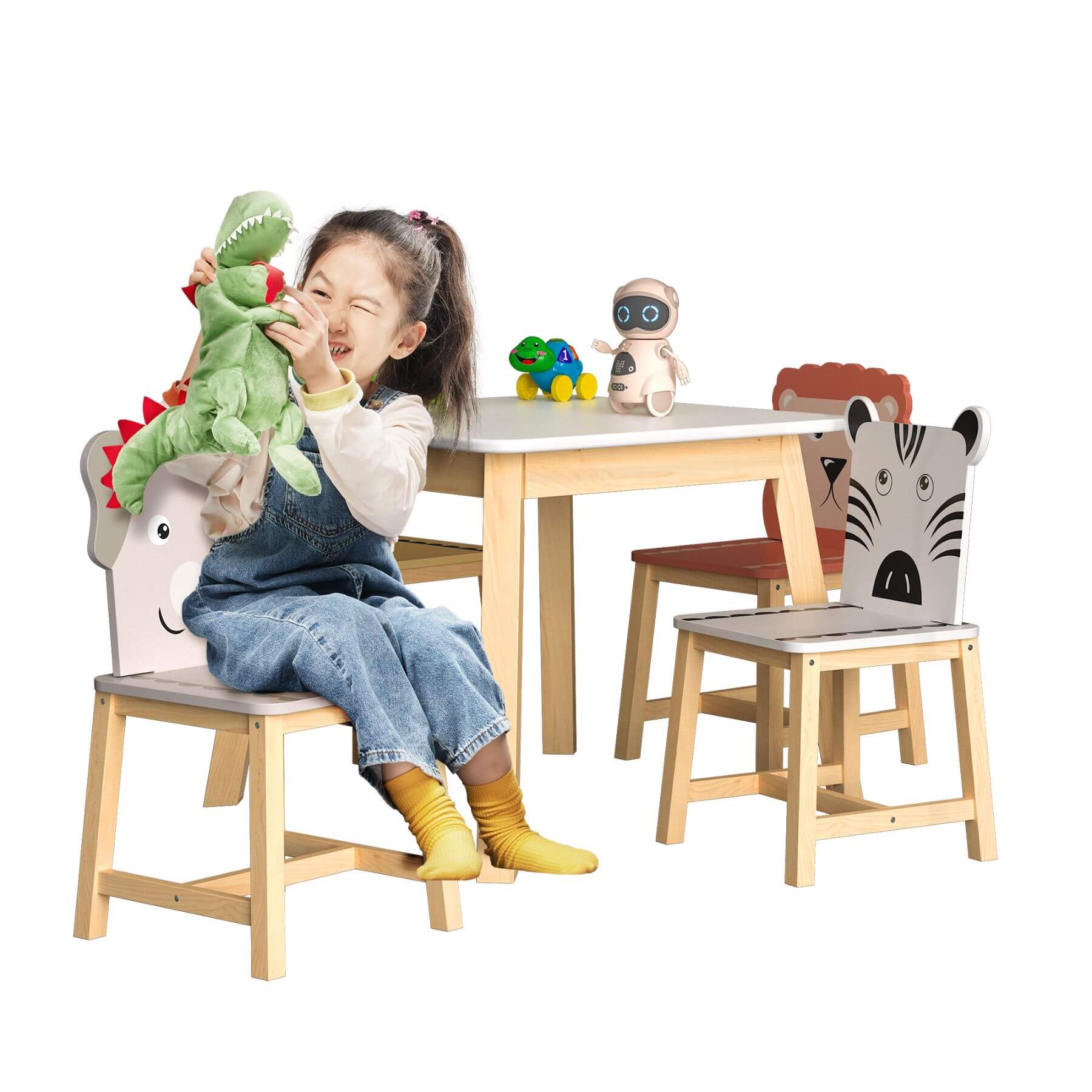Child playing with toys at a table with animal-themed chairs on a white background