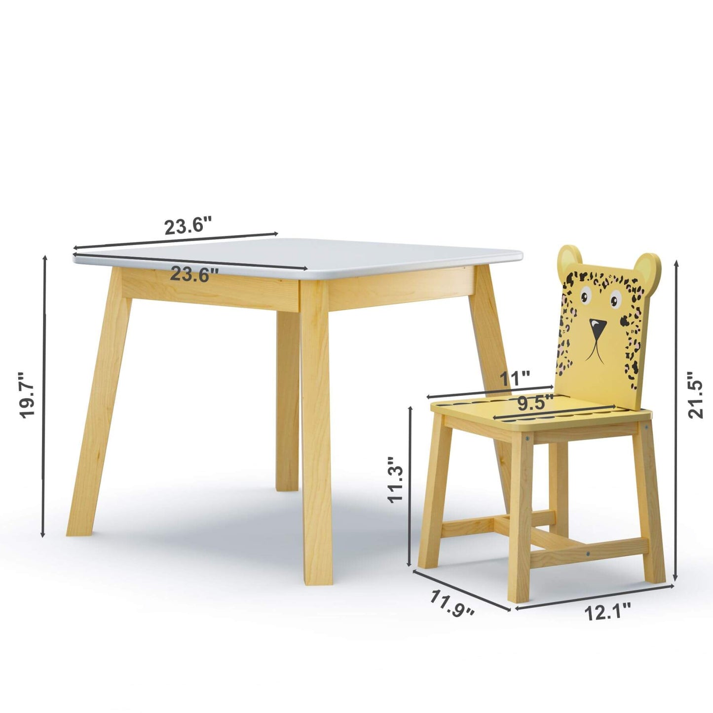 MOONRIVER Kids Wood Table and Chair Set with dimensions on a white background