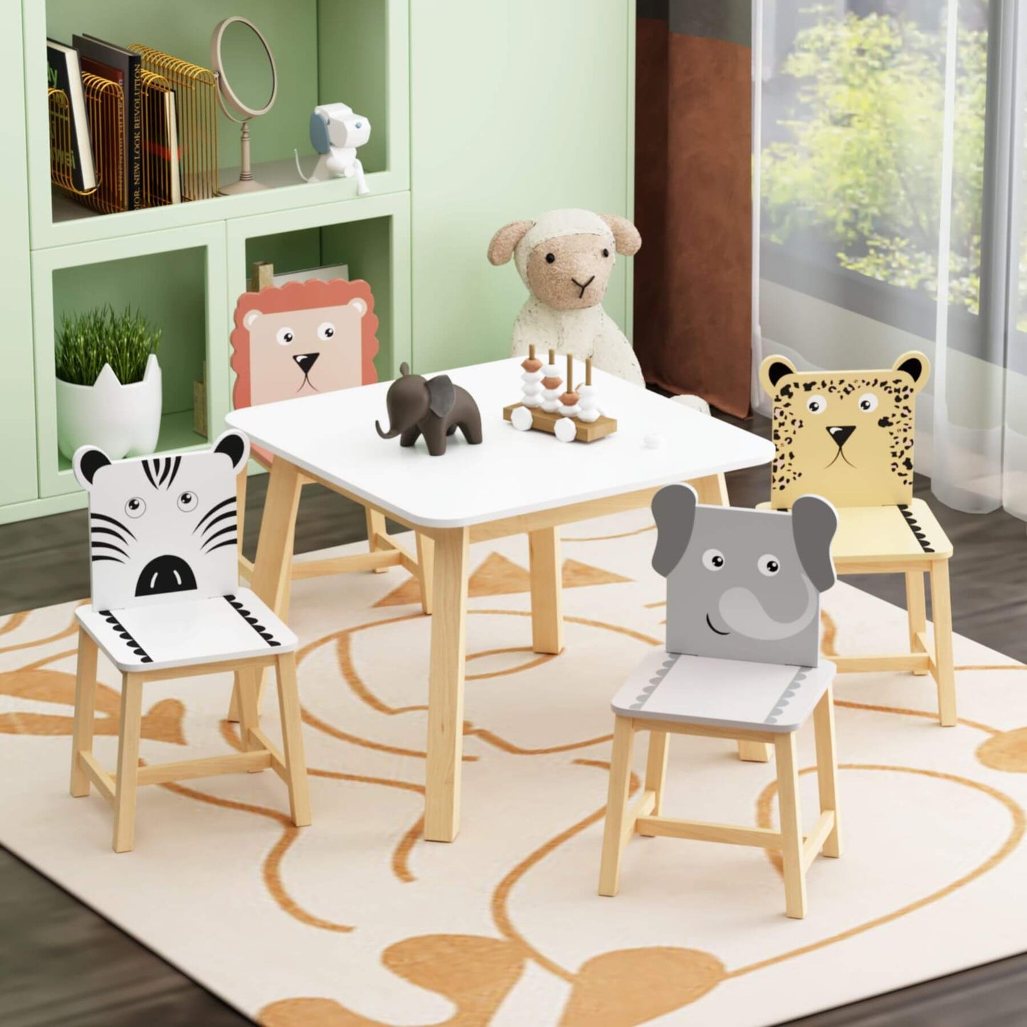 MOONRIVER 5-Piece Kids Wood Table and Chair Set with animal faces in a room setting