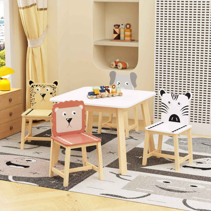 MOONRIVER 5-Piece Kids Wood Table and Chair Set with animal designs in a room setting.