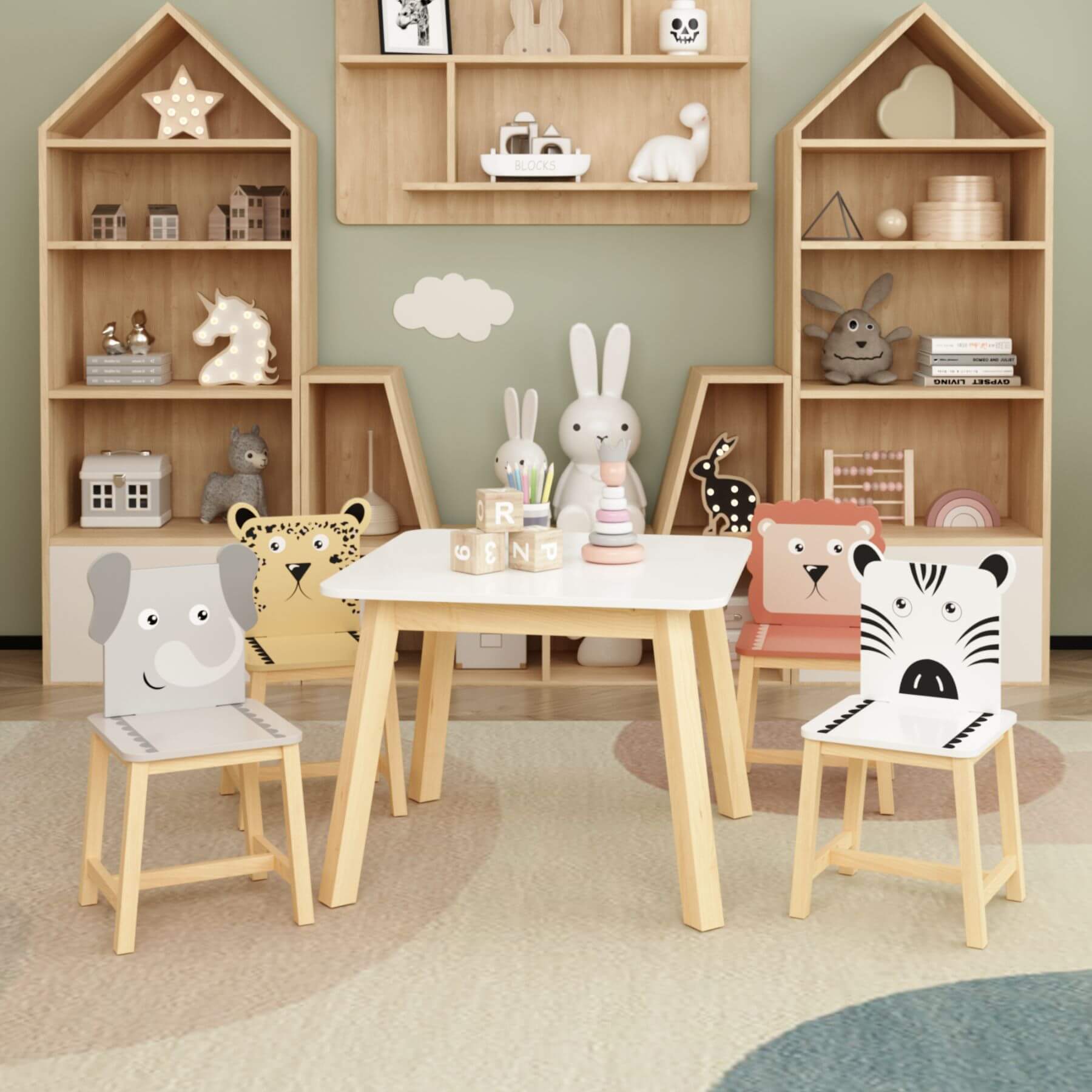 Children's playroom with wooden furniture, including MOONRIVER 5-Piece Kids Wood Table and Chair Set, and shelves with toys.