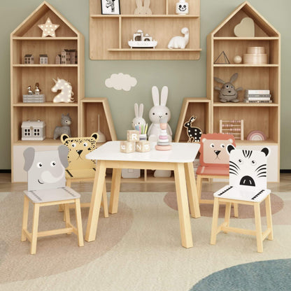 Children's playroom with wooden furniture, including MOONRIVER 5-Piece Kids Wood Table and Chair Set, and shelves with toys.
