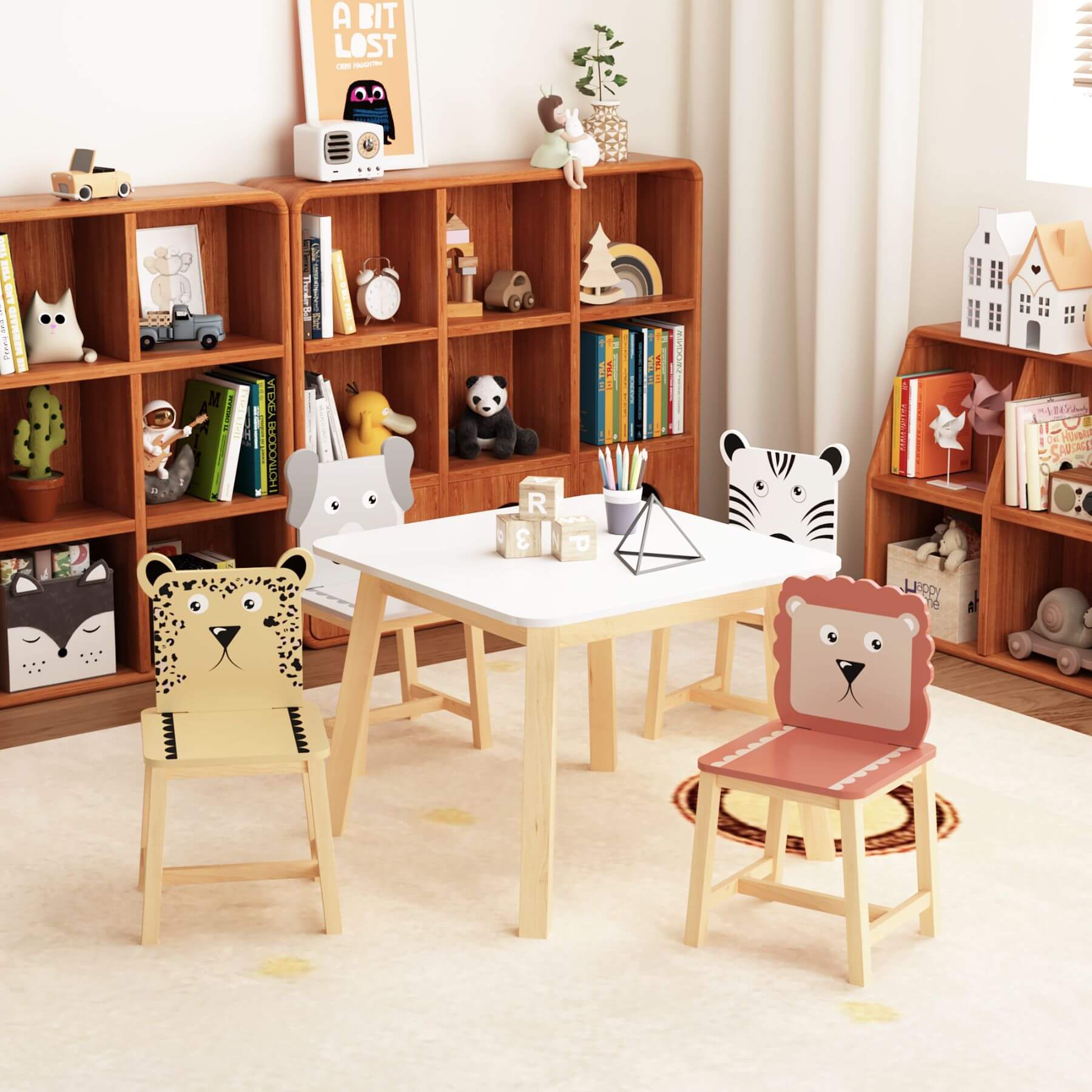 MOONRIVER 5-Piece Kids Wood Table and Chair Set with animal designs in a room with bookshelves.