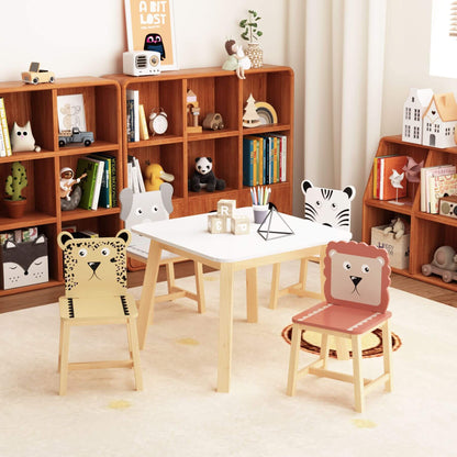 MOONRIVER 5-Piece Kids Wood Table and Chair Set with animal designs in a room with bookshelves.