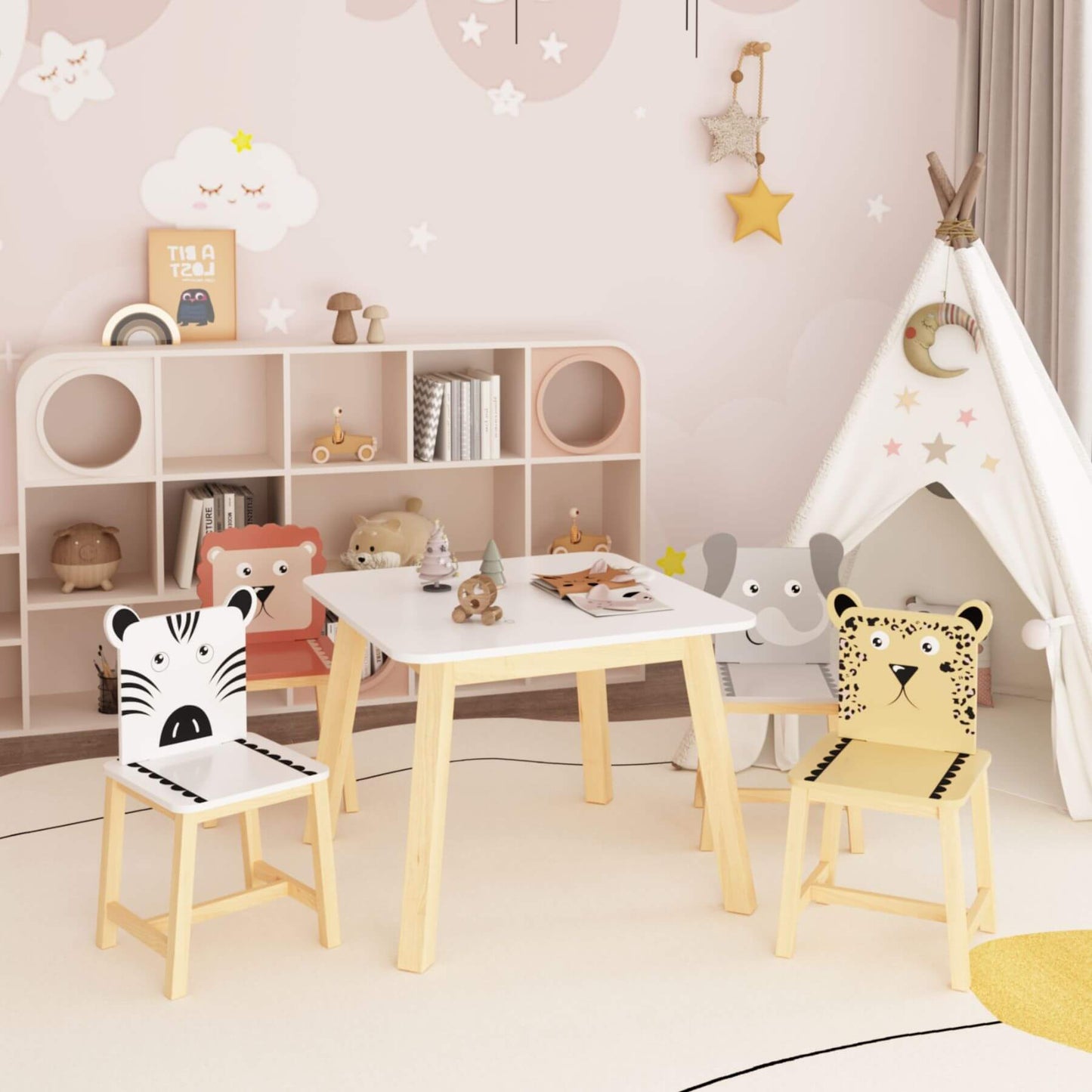 Children's playroom with MOONRIVER 5-Piece Kids Wood Table and Chair Set featuring animal designs.