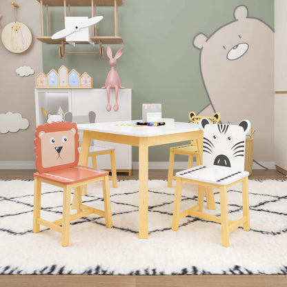 MOONRIVER 5-Piece Kids Wood Table and Chair Set with animal designs in a playroom setting.
