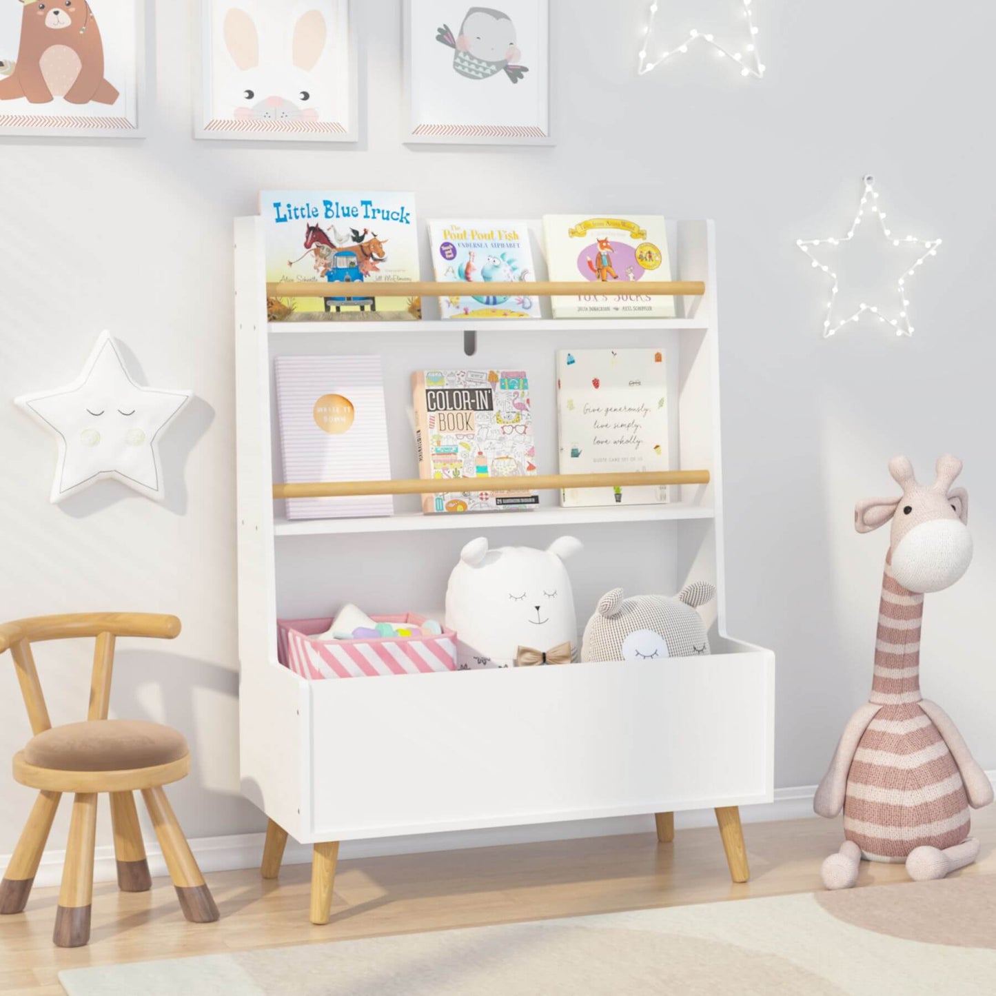 Children's room with MOONRIVER Kids Bookshelf MDF and Pine Legs - White, books, toys, and decorative elements.