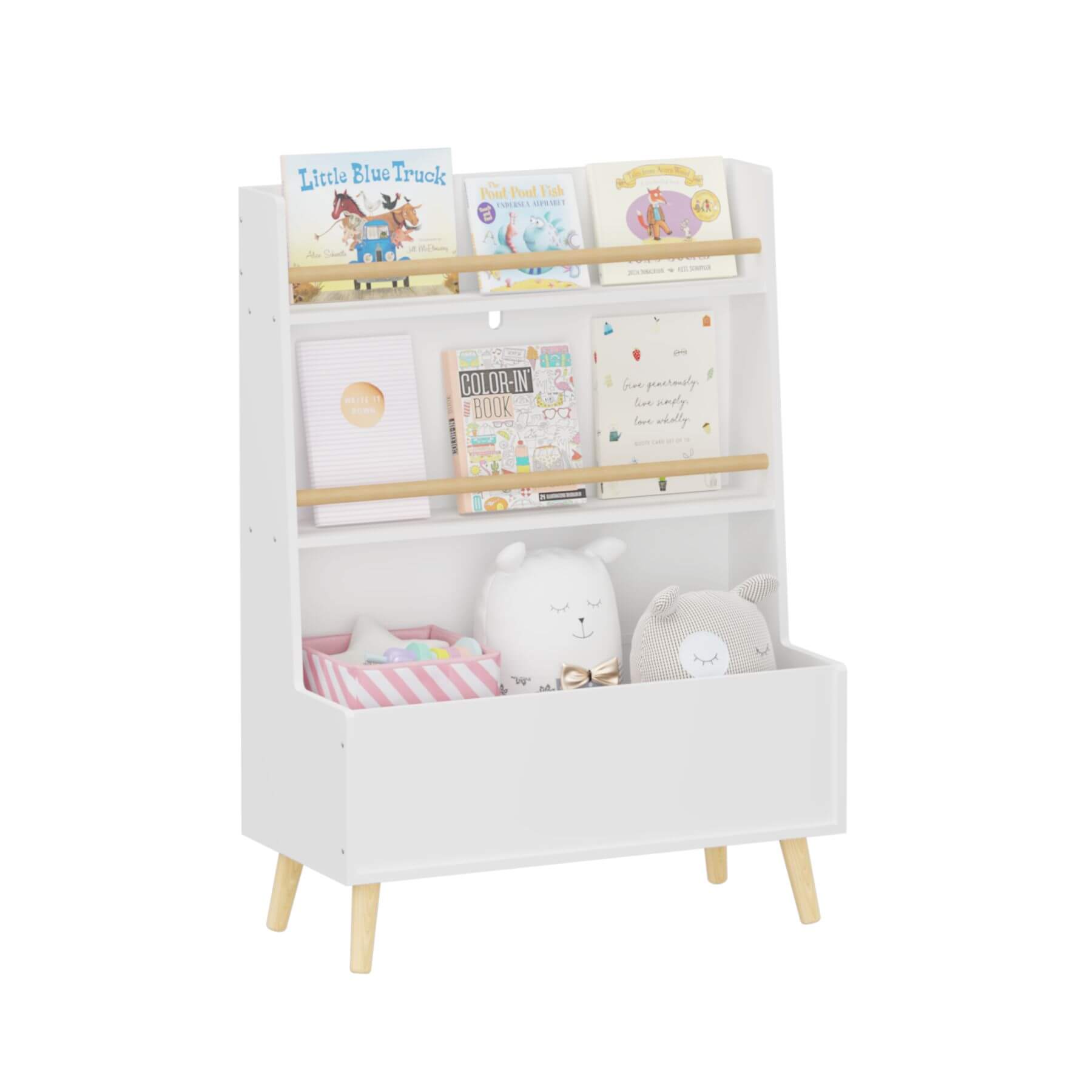 MOONRIVER Kids Bookshelf MDF and Pine Legs - White, holding books and toys on a white background.