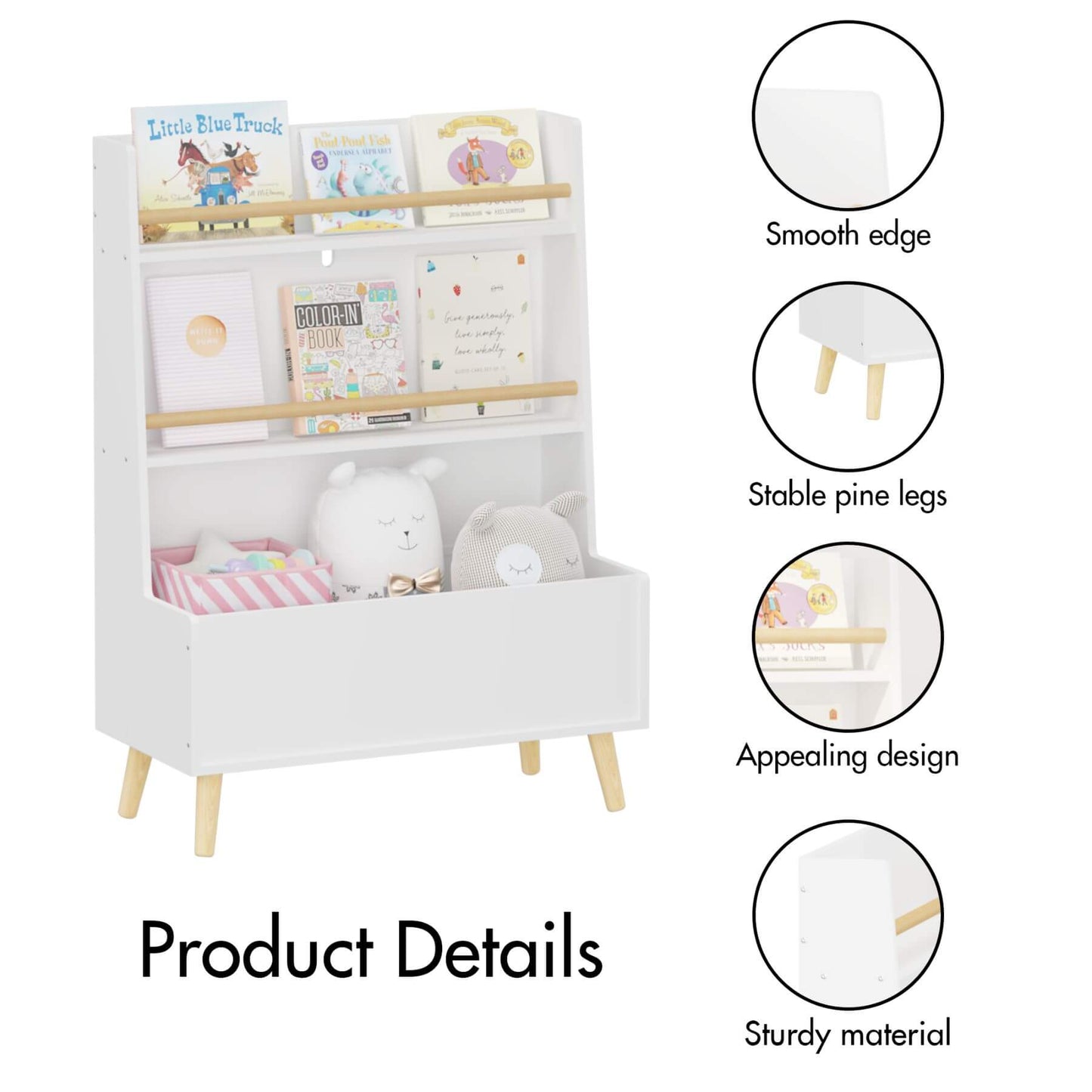 MOONRIVER Kids Bookshelf MDF and Pine Legs - White with books and toys, featuring product details on a white background.