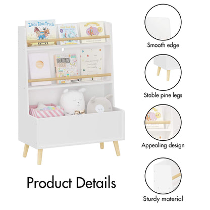 MOONRIVER Kids Bookshelf MDF and Pine Legs - White with books and toys, featuring product details on a white background.
