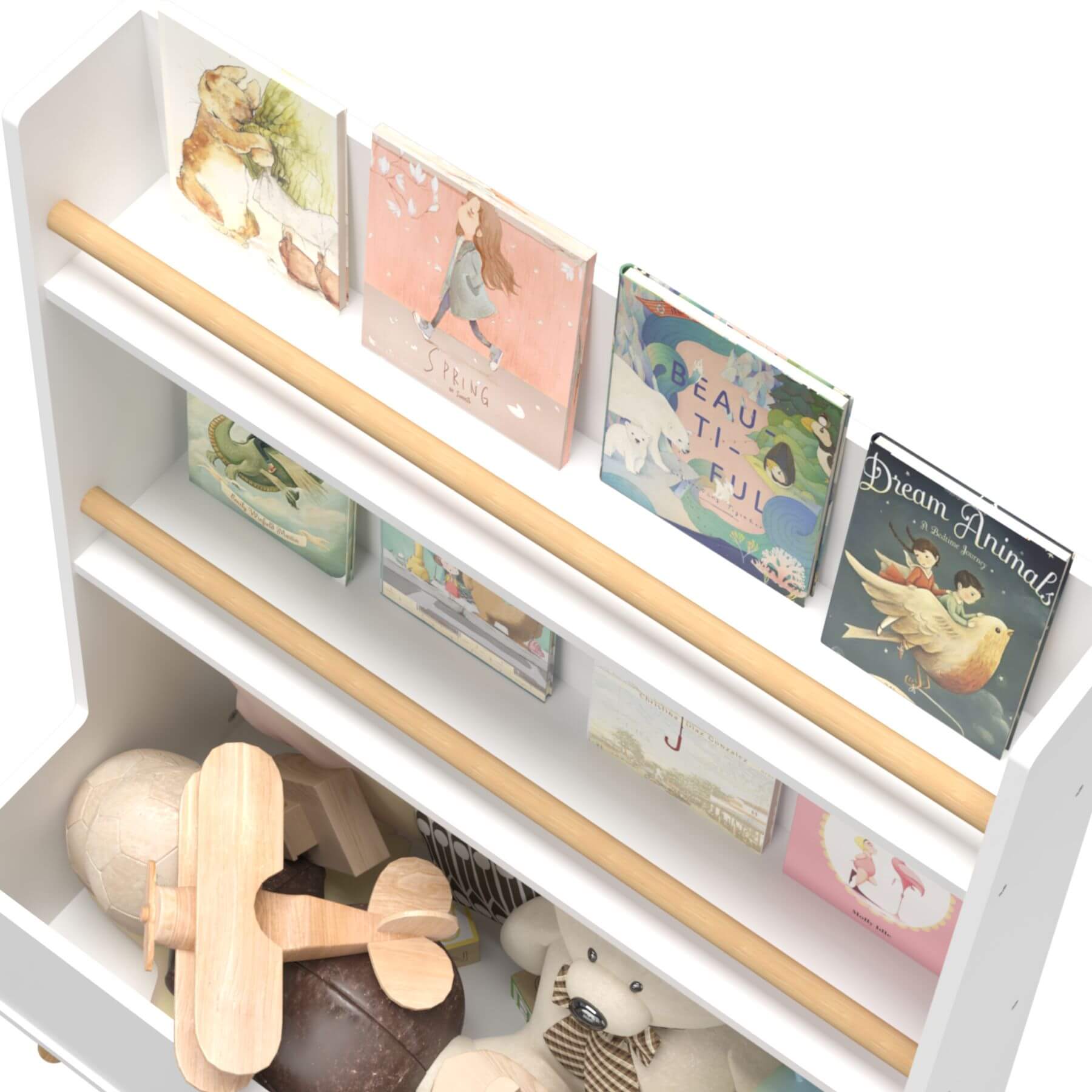 Children's bookshelf with books and toys on a white background