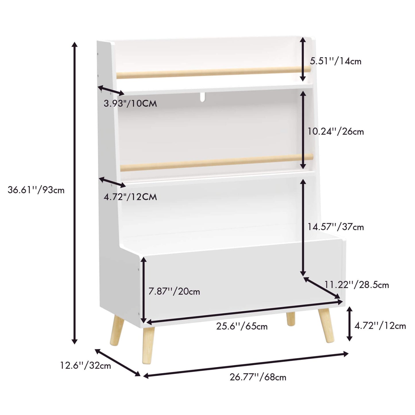 MOONRIVER Kids Bookshelf MDF and Pine Legs - White with dimensions labeled on a white background