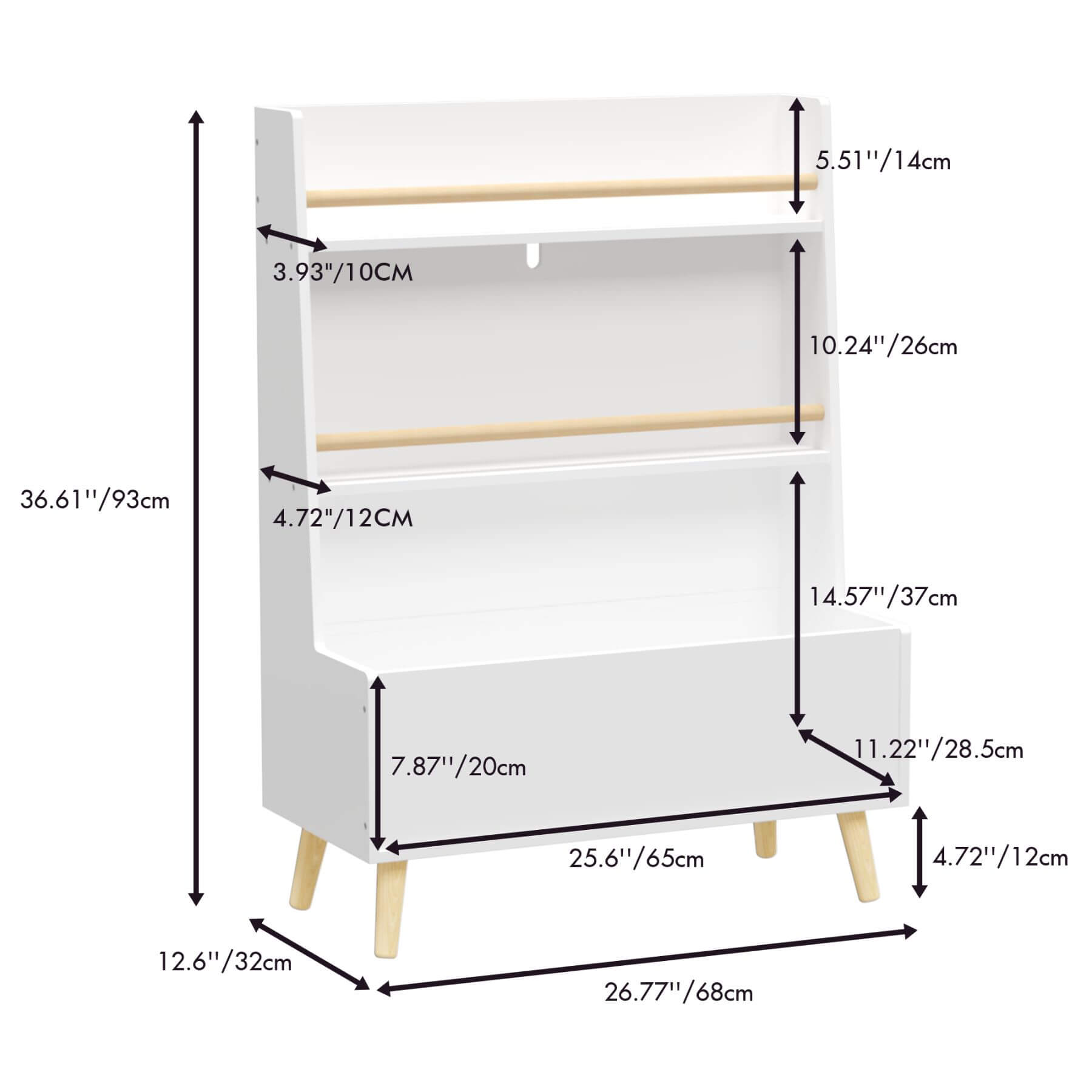 MOONRIVER Kids Bookshelf MDF and Pine Legs - White with dimensions labeled on a white background