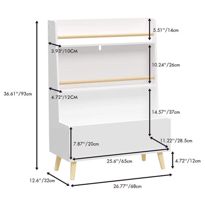 MOONRIVER Kids Bookshelf MDF and Pine Legs - White with dimensions labeled on a white background