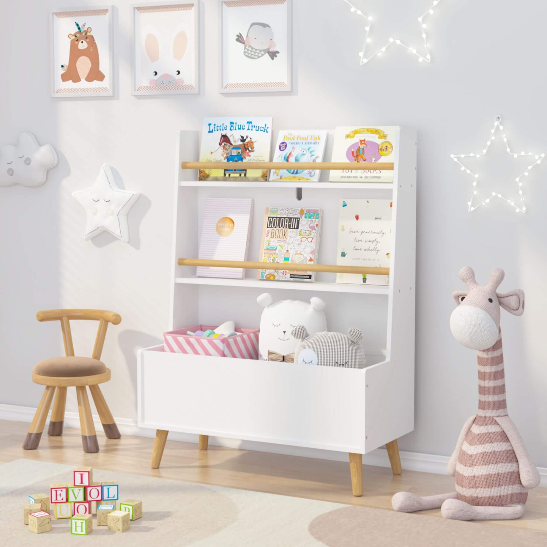Children's room with MOONRIVER Kids Bookshelf MDF and Pine Legs - White, toys, and decorative elements.