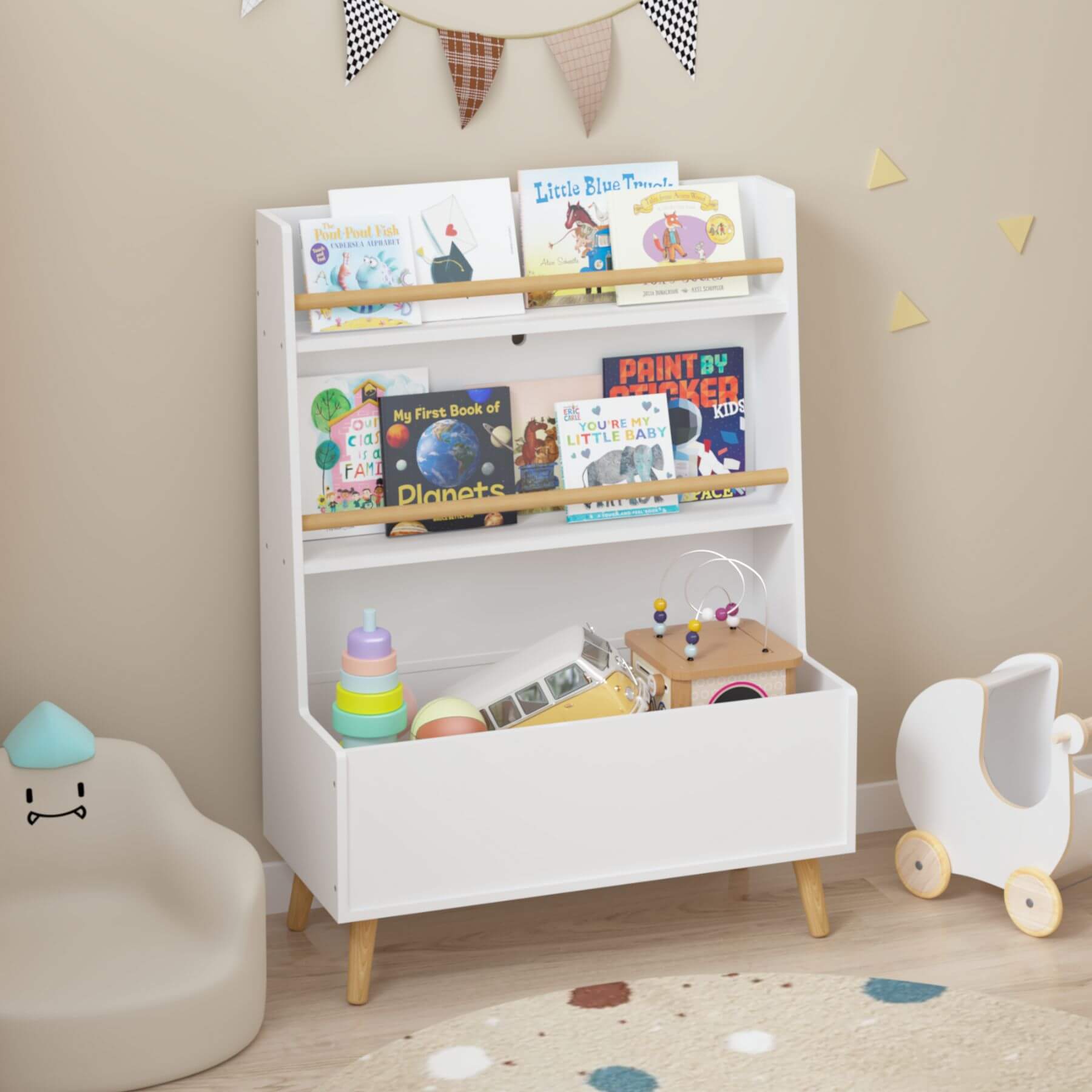 MOONRIVER Kids Bookshelf MDF and Pine Legs - White with children's books and toys against a beige wall.