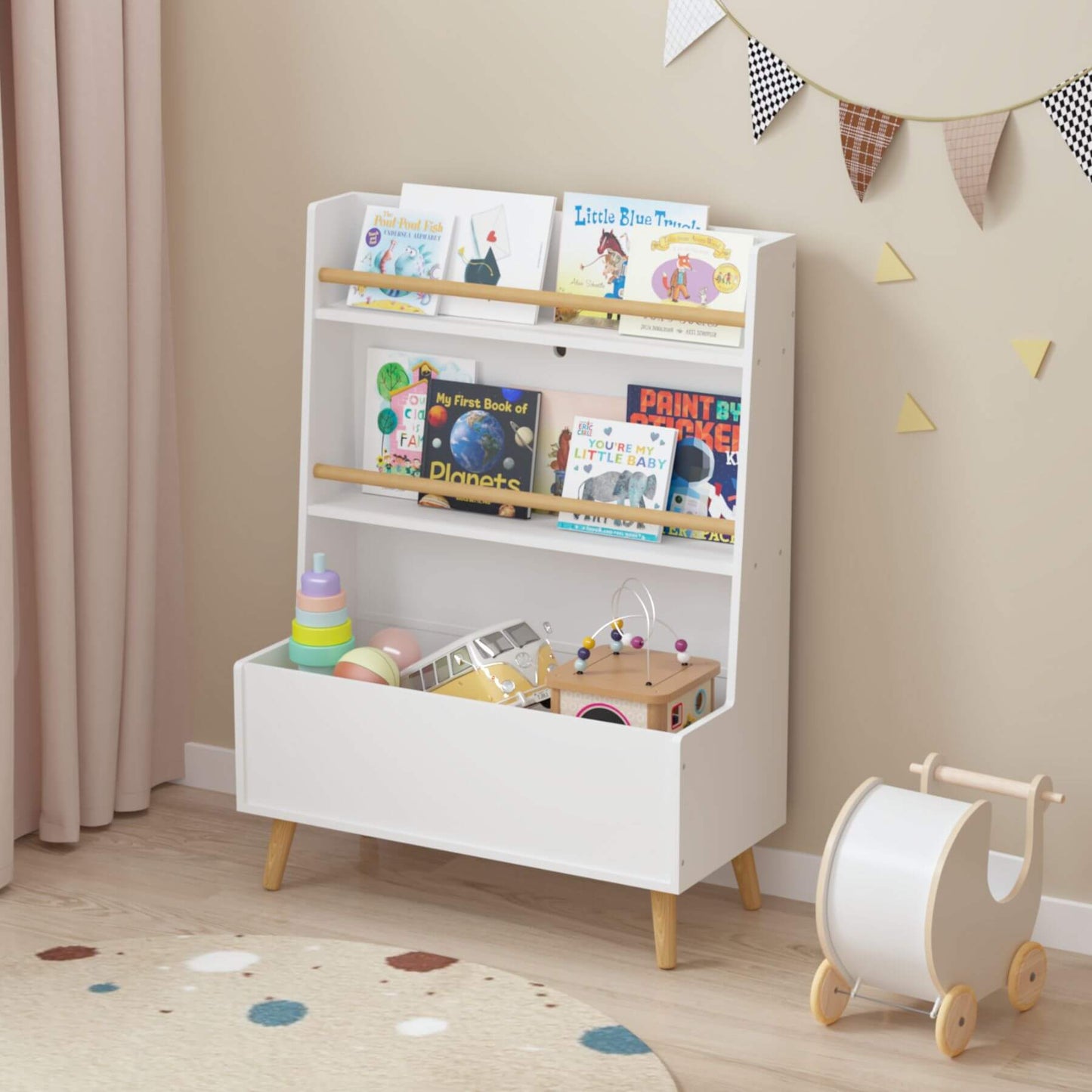 MOONRIVER Kids Bookshelf MDF and Pine Legs - White with books and toys in a room with a polka dot rug and decorative flags.