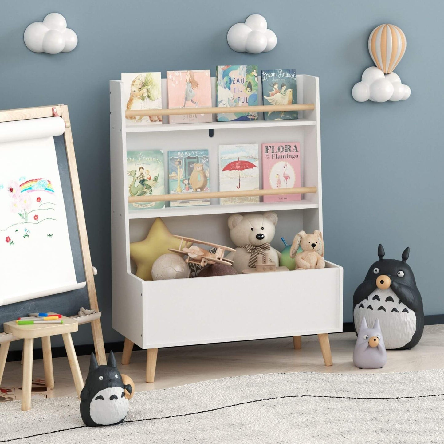 Children's room with MOONRIVER Kids Bookshelf MDF and Pine Legs - White filled with books and toys, surrounded by decorative items.