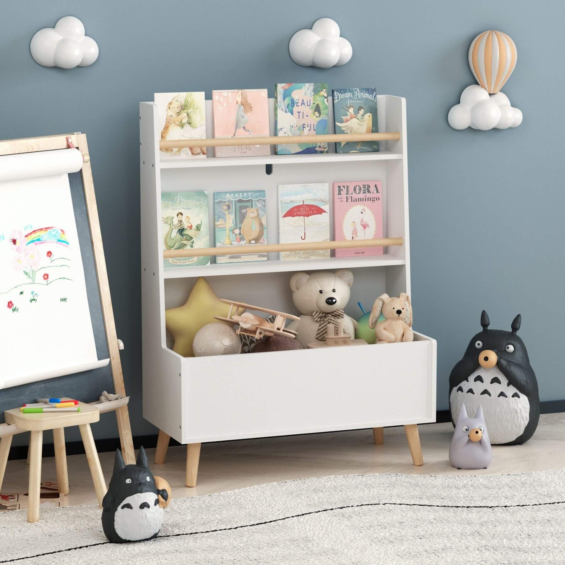 Children's room with MOONRIVER Kids Bookshelf MDF and Pine Legs - White filled with books and toys, surrounded by decorative items.