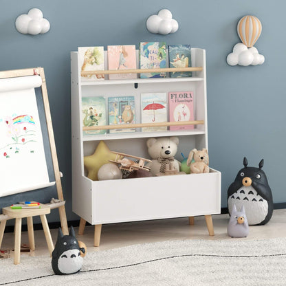 Children's room with MOONRIVER Kids Bookshelf MDF and Pine Legs - White filled with books and toys, surrounded by decorative items.