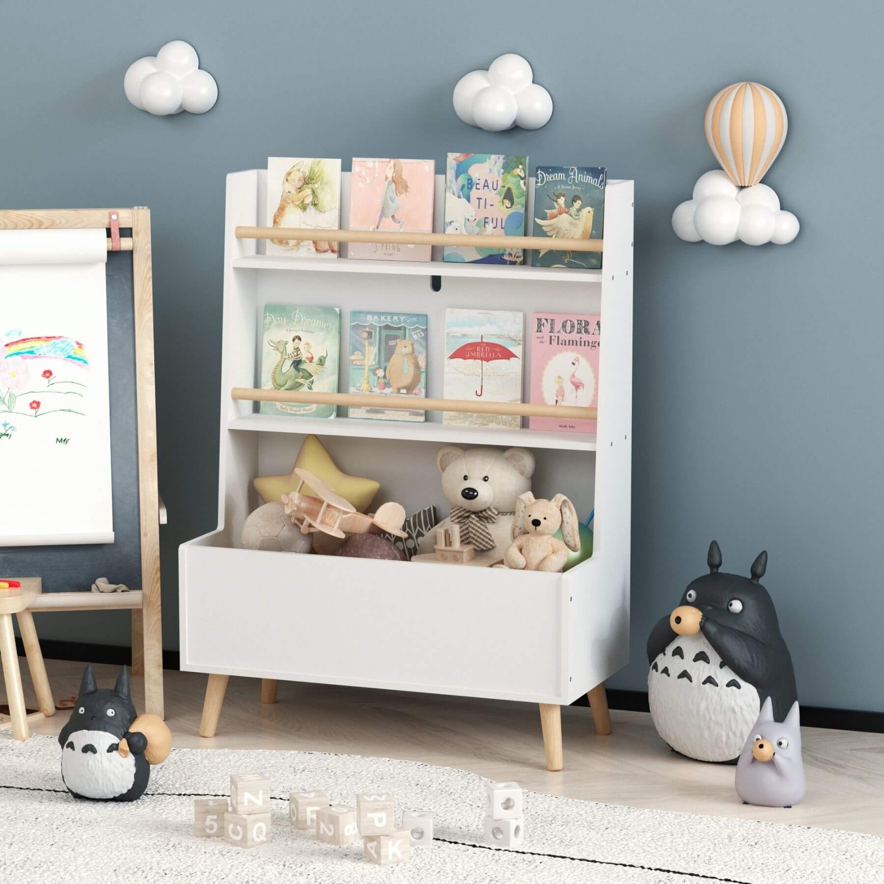 Children's room with MOONRIVER Kids Bookshelf MDF and Pine Legs - White, toys, and decorative items against a blue wall.