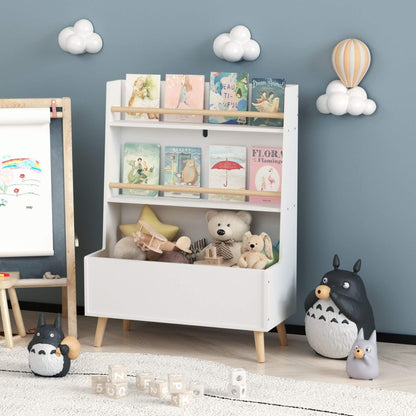 Children's room with MOONRIVER Kids Bookshelf MDF and Pine Legs - White, toys, and decorative items against a blue wall.