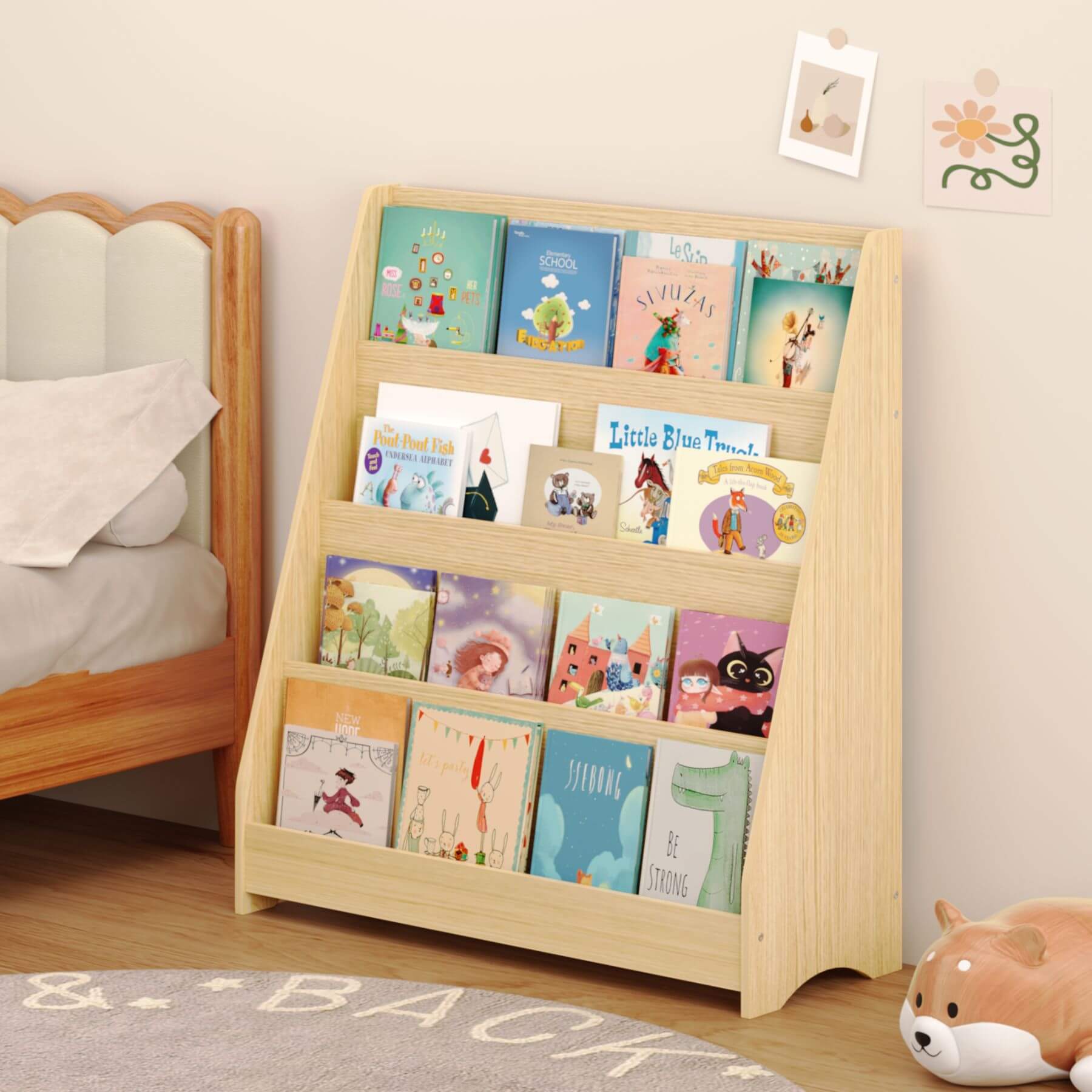 MOONRIVER Toddler Book Display Shelves - Natural with children's books in a room setting